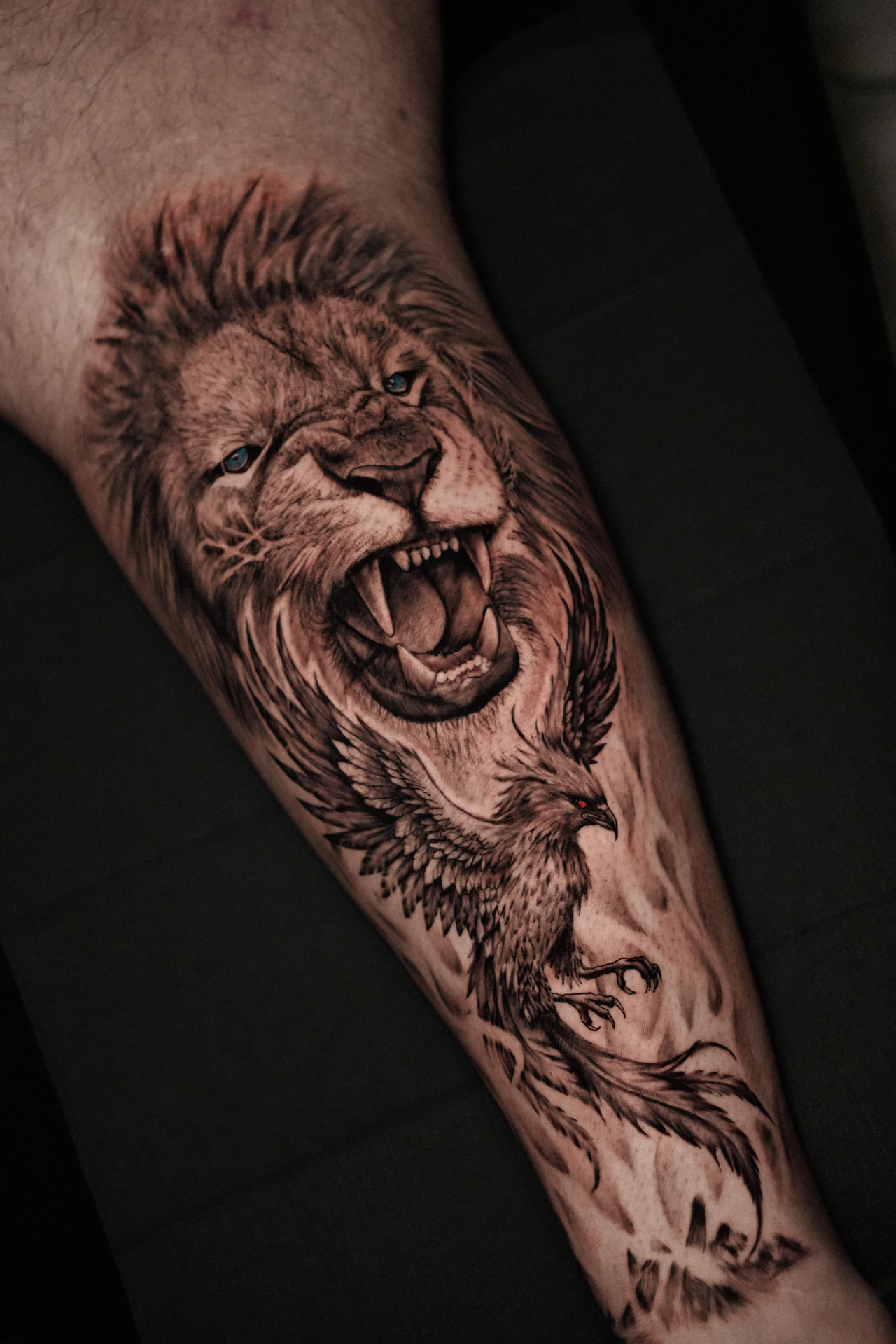 Lion & Phoenix — Animal Portraits tattoo by Sahil