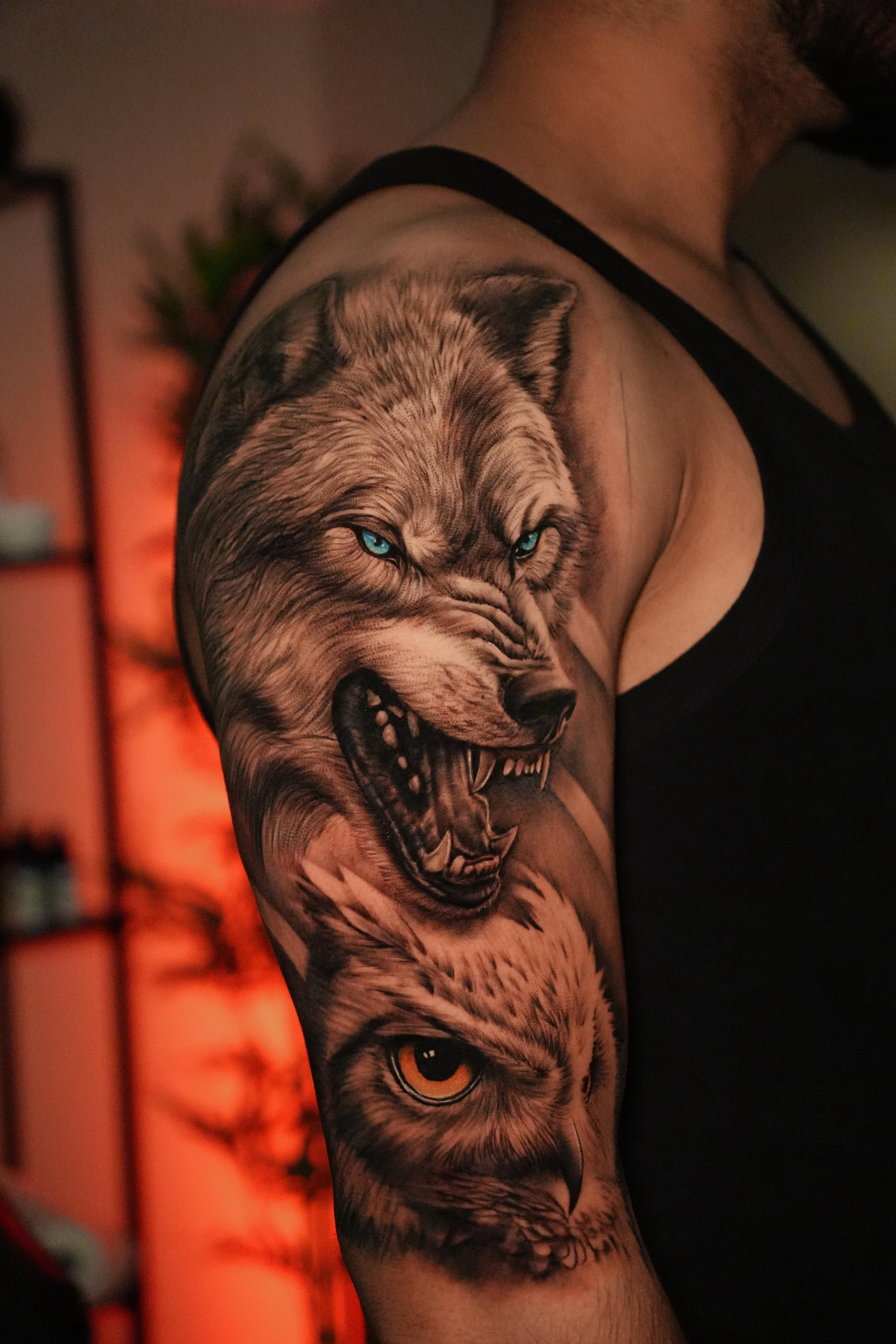 Wolf & Owl · Shoulder — Animal Portraits tattoo by Sahil